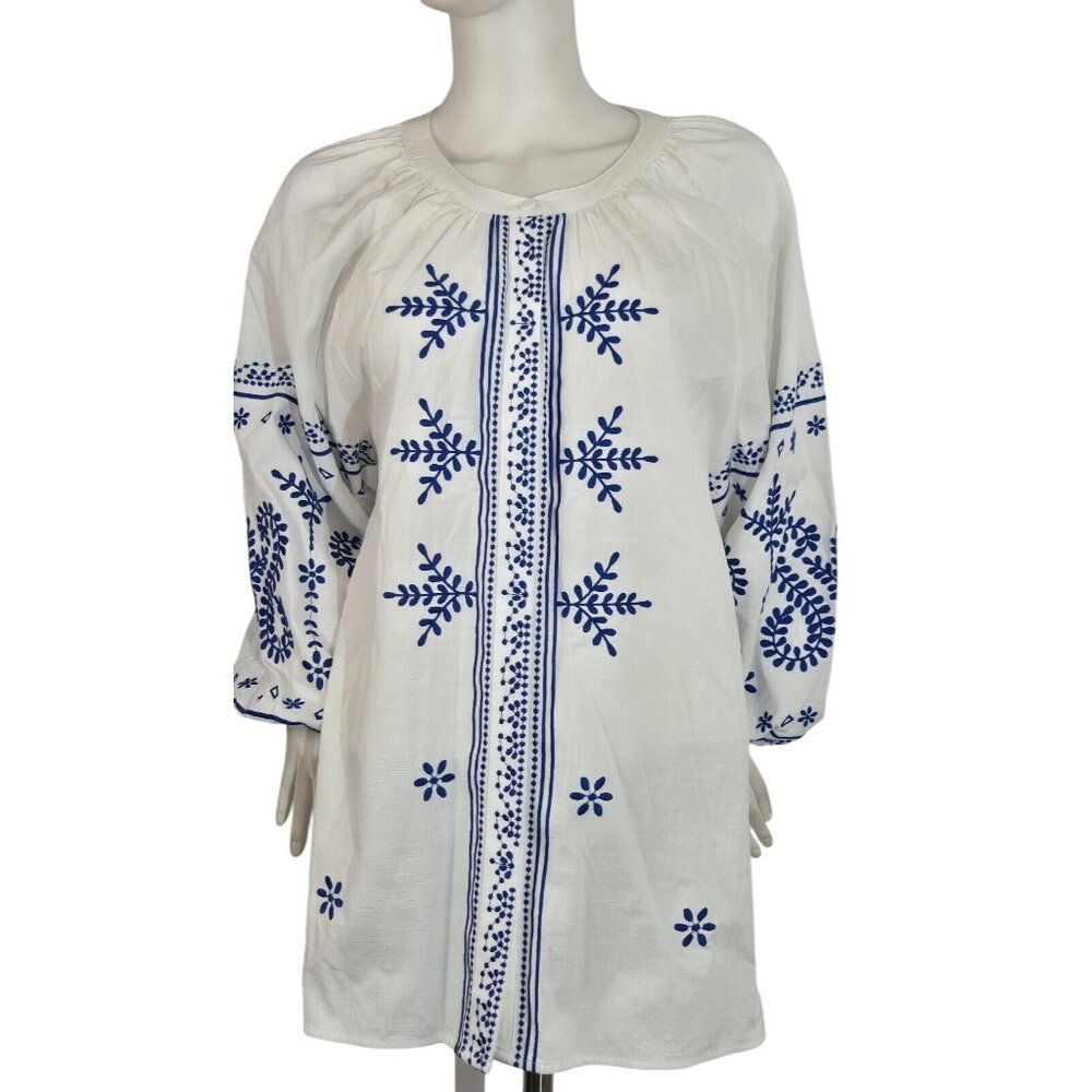 Calessa Women's Top Size XL White Blue Embroidered Crew Neck 3/4 Sleeve Tunic 27 - Picture 2 of 13
